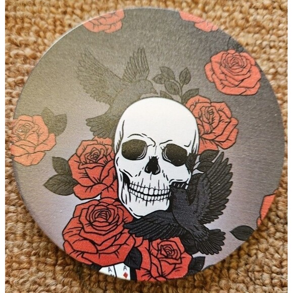 Skull And Roses Round Cork Back Ceramic Coasters Set Of 4 - Picture 2 of 4